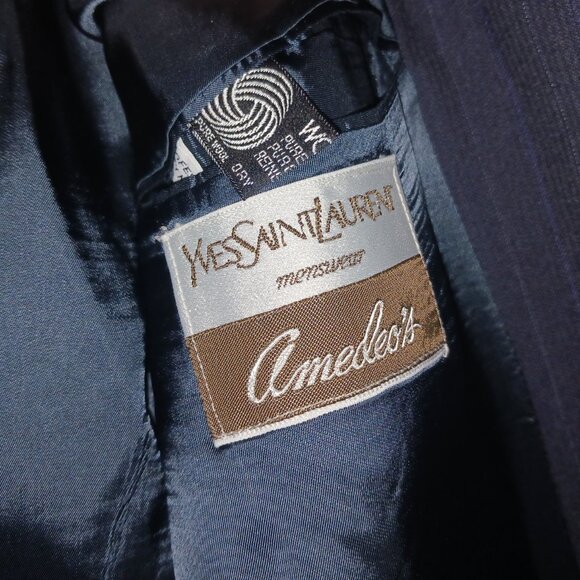 Vintage Yves Saint Laurent Men's Wool Blue Double Breasted Pinstripe Suit 46 - Picture 7 of 12